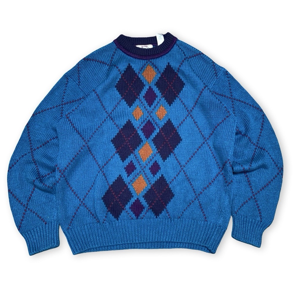 Vintage Sears Roebuck & Co Argyle Knit Sweater Men's Size XL Blue Purple Diamond